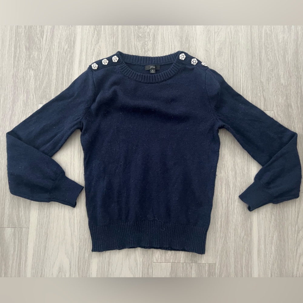 J.Crew Navy Jeweled Shoulder Wool Blend Sweater Size S
